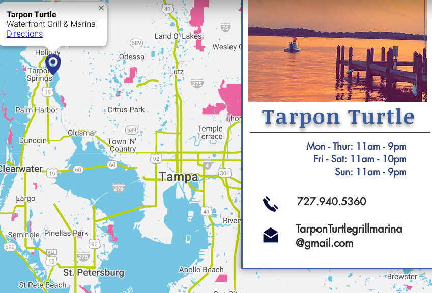 A map showing the location of Tarpon Turtle Grill & Marina in Florida, with business hours and contact information.