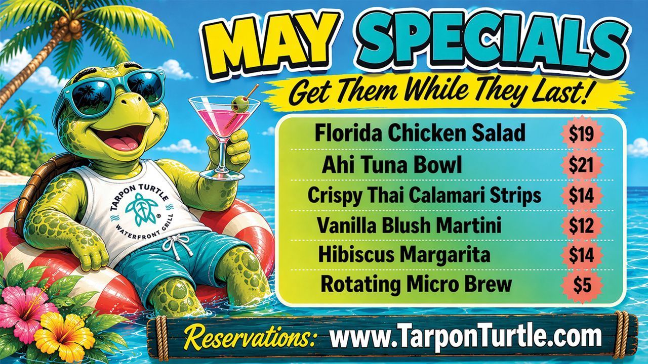 Tarpon Turtle Waterfront Grill daily specials menu featuring themed daily deals, Happy Hour info, and a sunset background.