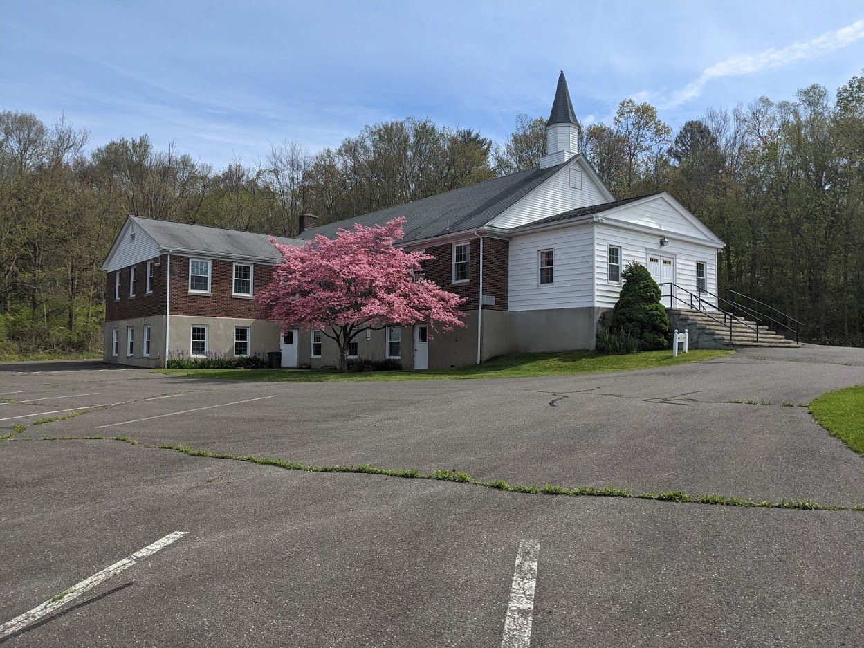 A church with a pink tree in front of it and a parking lot in front of it