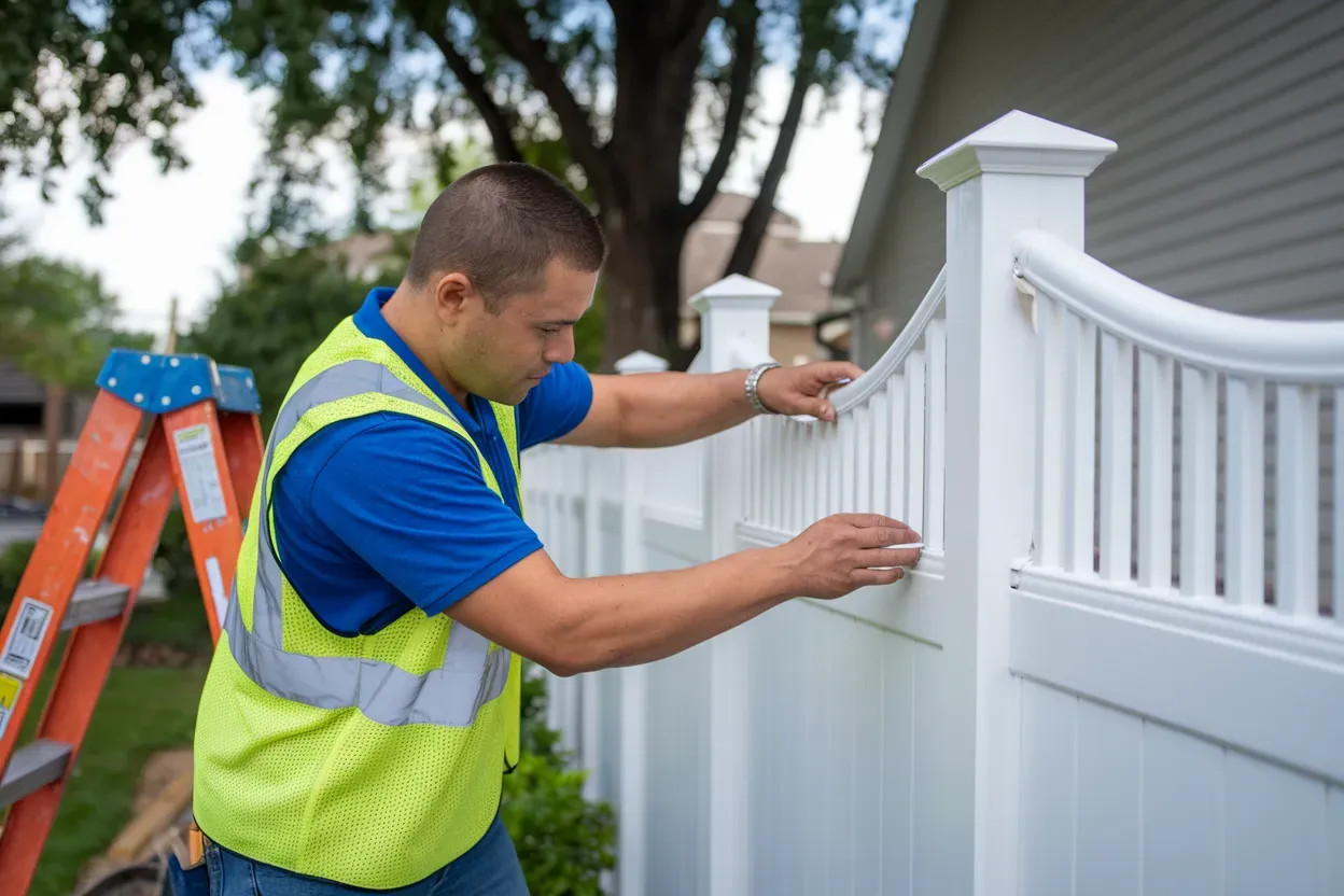 A man is fixing a white fence in front of a house.