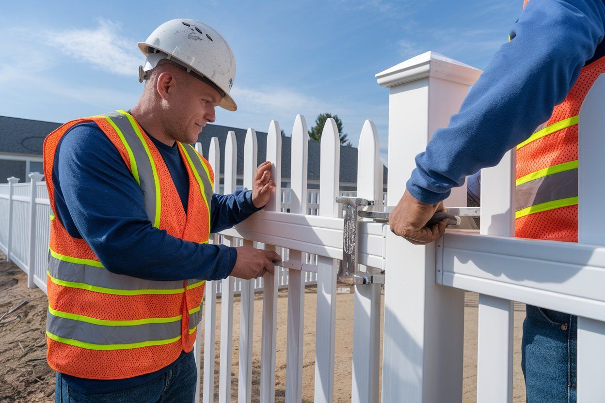 Two construction workers are working on a white picket fence.