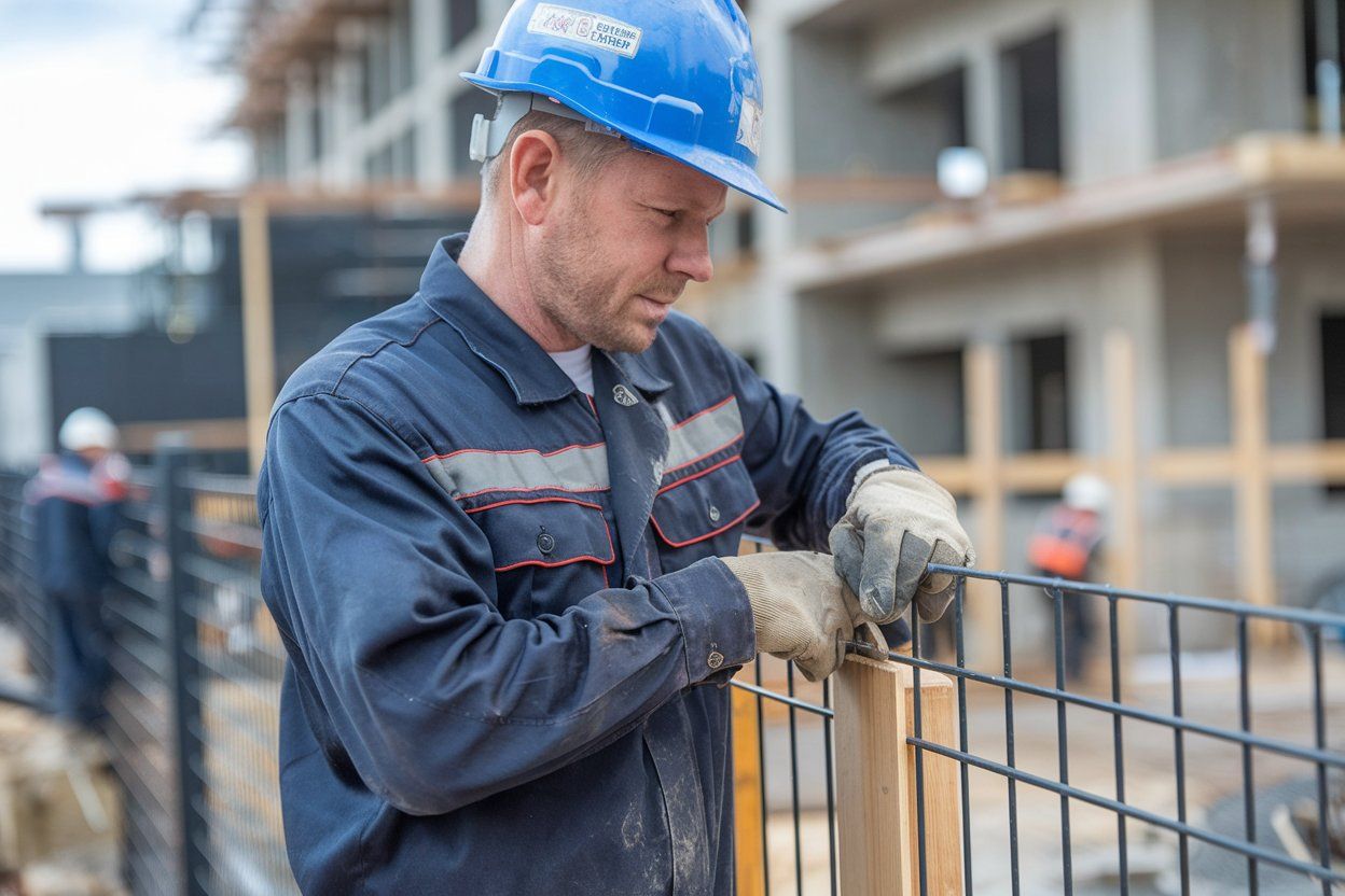 A construction worker is working on a fence at a construction site.