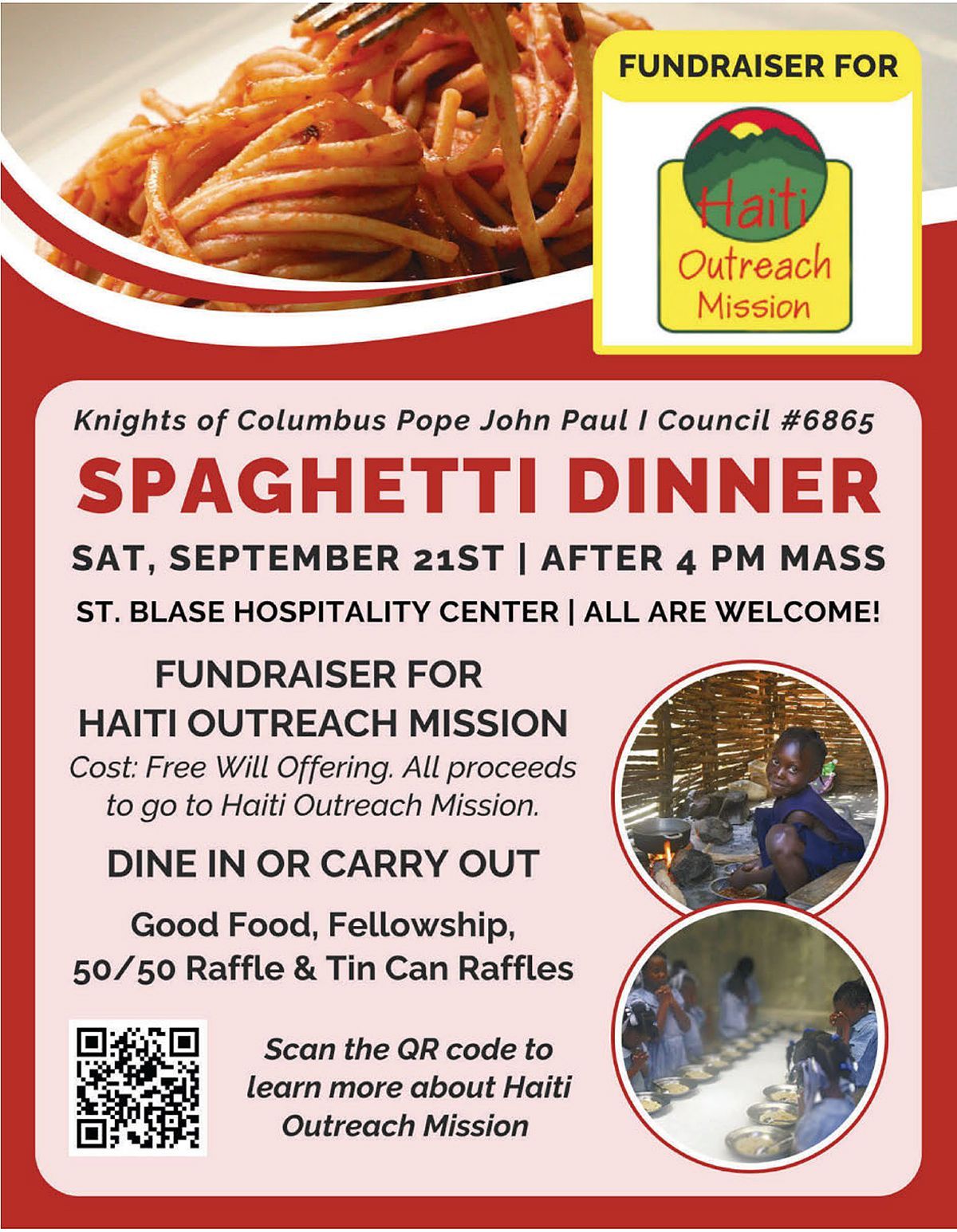 Flyer outlining the details for a fundraiser for Haiti Outreach Mission, spaghetti dinner 9/21/2026 after the 4 pm mass, at Knights of Columbus Pope John Paul Council #6865