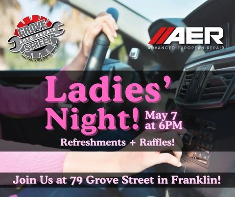 Ladies’ Night flyer: pink text, May 7 at 6 PM, refreshments and raffles at 79 Grove St, Franklin