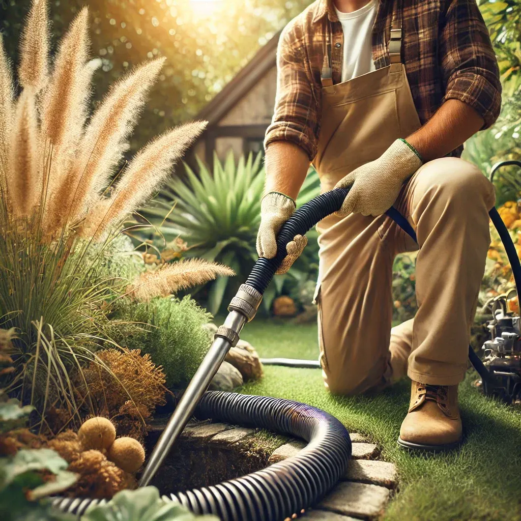 Person kneels, holding a hose, seemingly cleaning a garden septic tank in a yard.