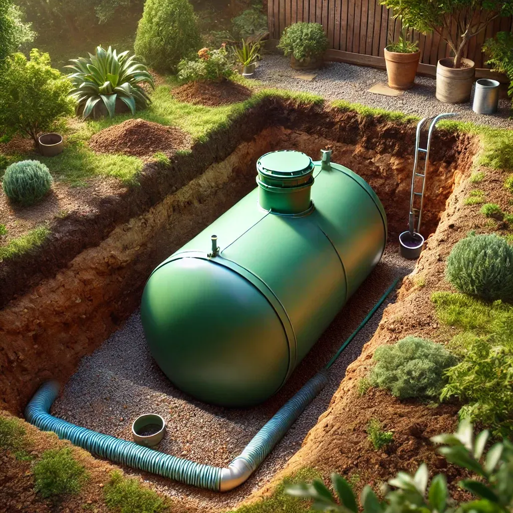 Green tank in a dug pit with pipes and ladder in a garden setting.