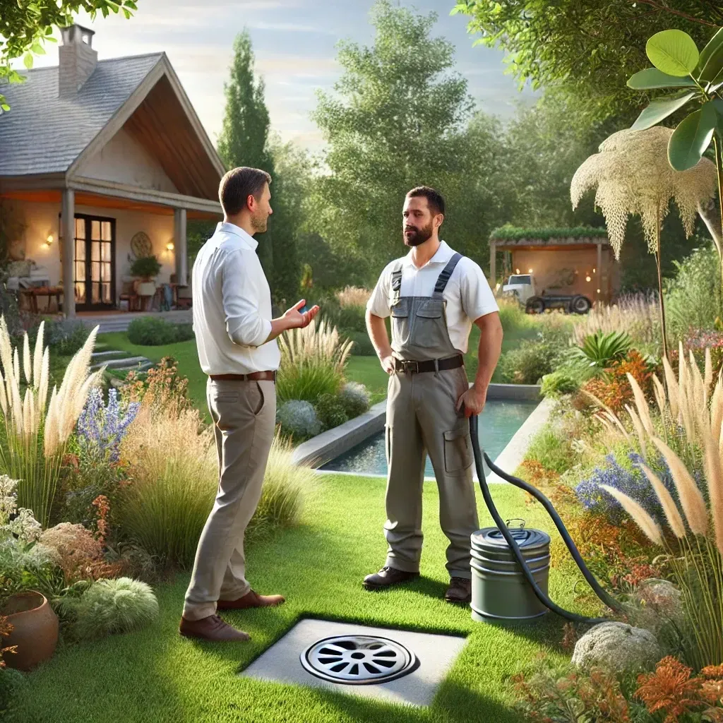 Man in white shirt talking to a gardener in overalls near a drain in a landscaped yard.