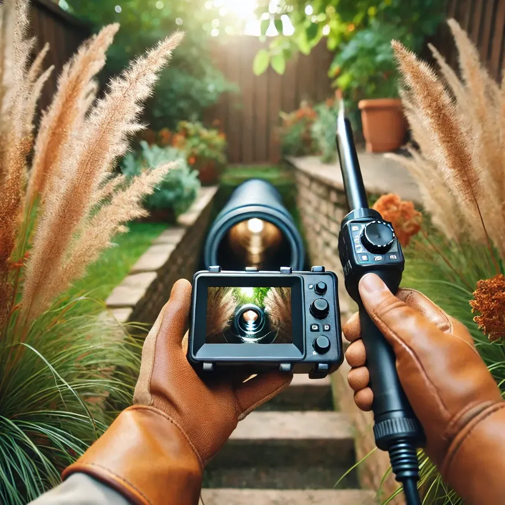 Hands holding a sewer inspection camera; inspecting the pipe; outdoors.