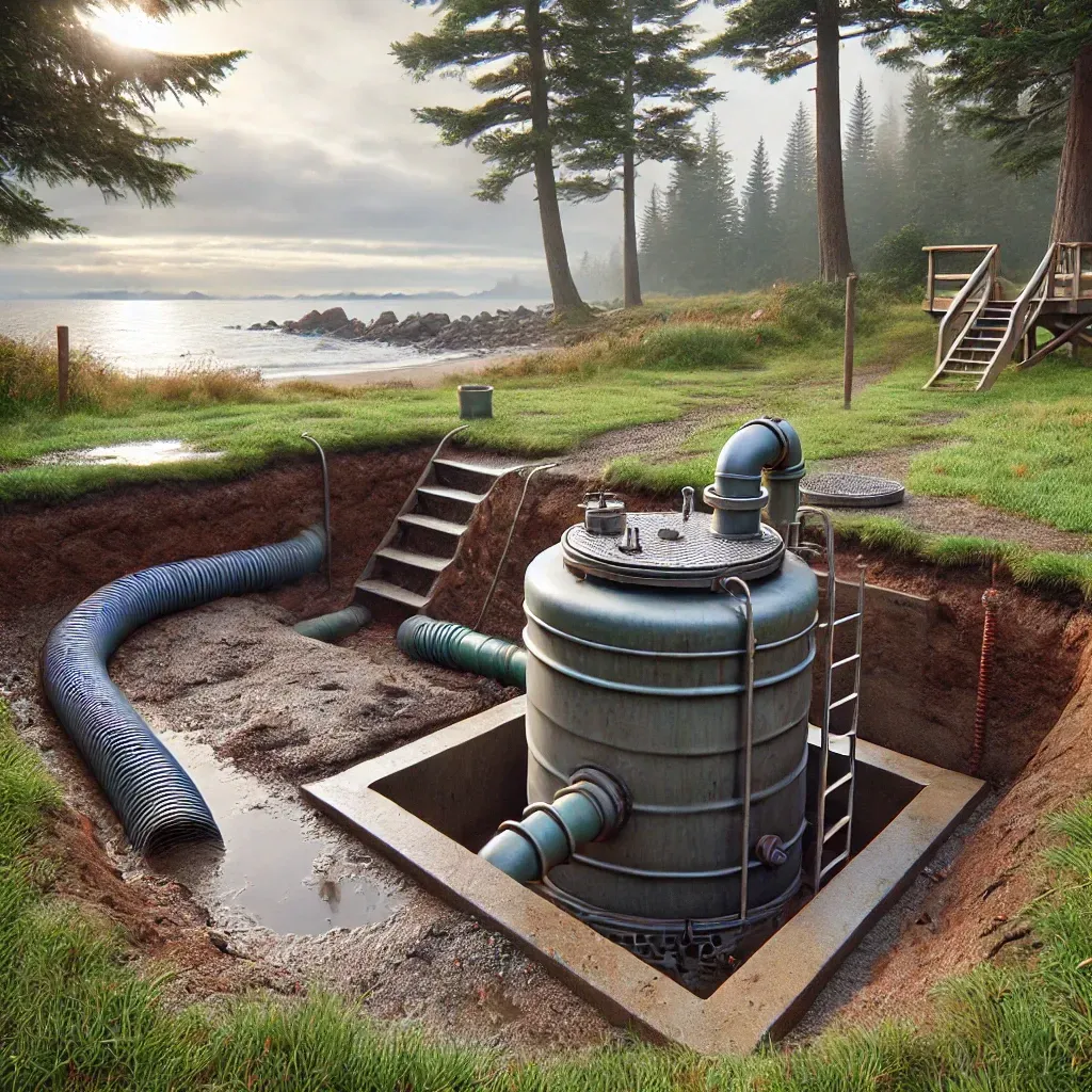 A large pipe is coming out of a hole in the ground