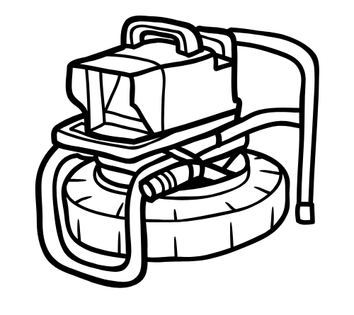 Black and white illustration of a floor buffer, with a handle and motor housing.