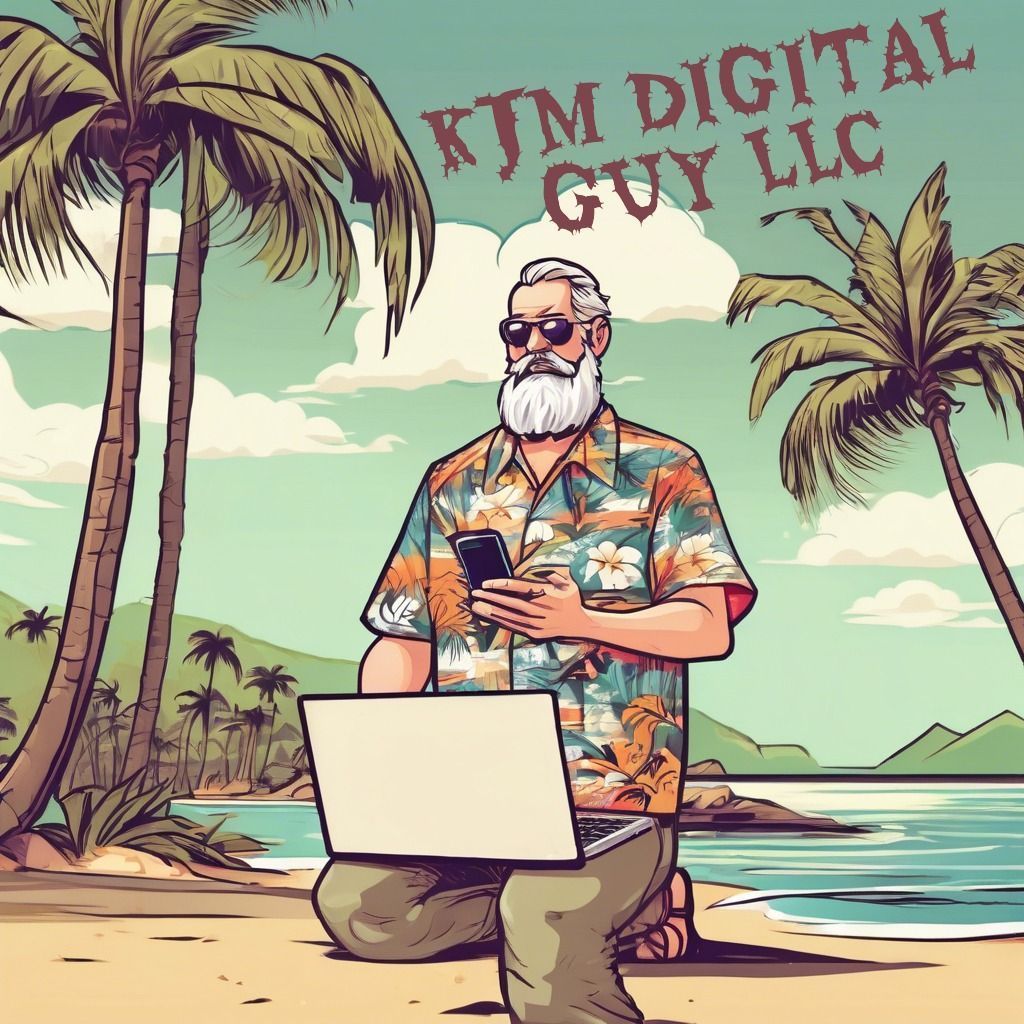 A man with a beard is kneeling on the beach with a laptop and a cell phone ..