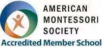 Logo of the American Montessori Society, with an abstract person graphic inside a blue and green circle.