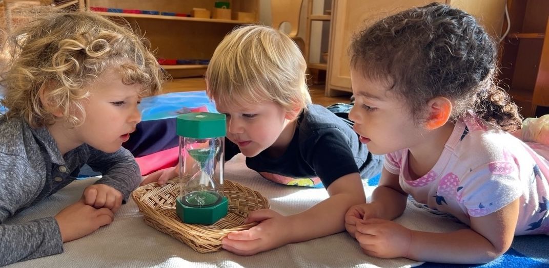 Three photos: girl with flowers, kids playing near fountain, children playing ball on grass.