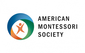 American Montessori Society logo: A blue, green, and orange circular design surrounds a stylized person. Text reads