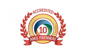 Accredited AMS Pathway logo: gold circle, laurel wreath, ribbon, and a 