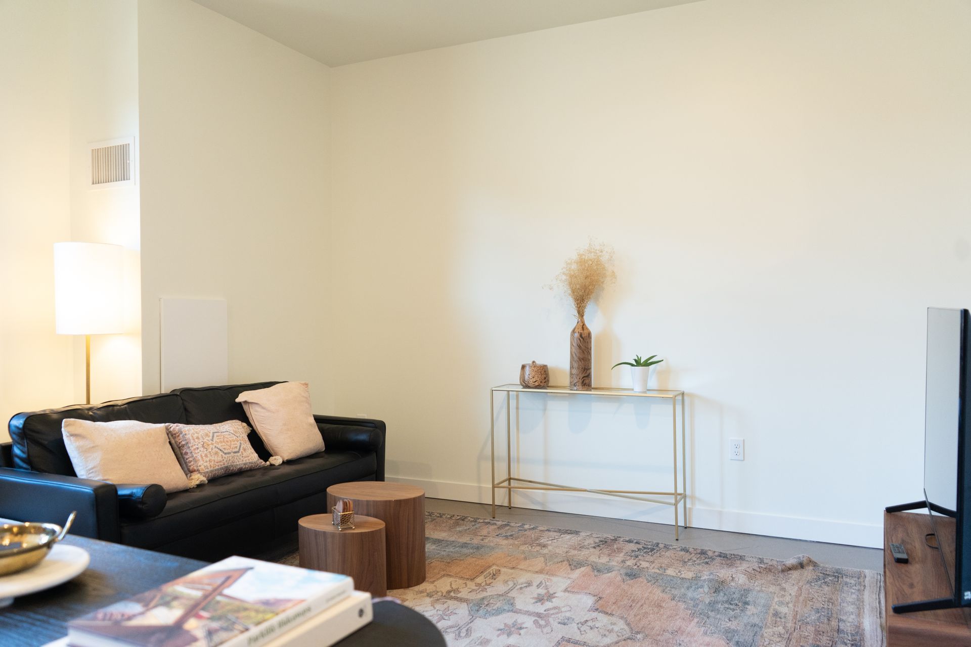 Living room with black sofa, gold side table, and rug.