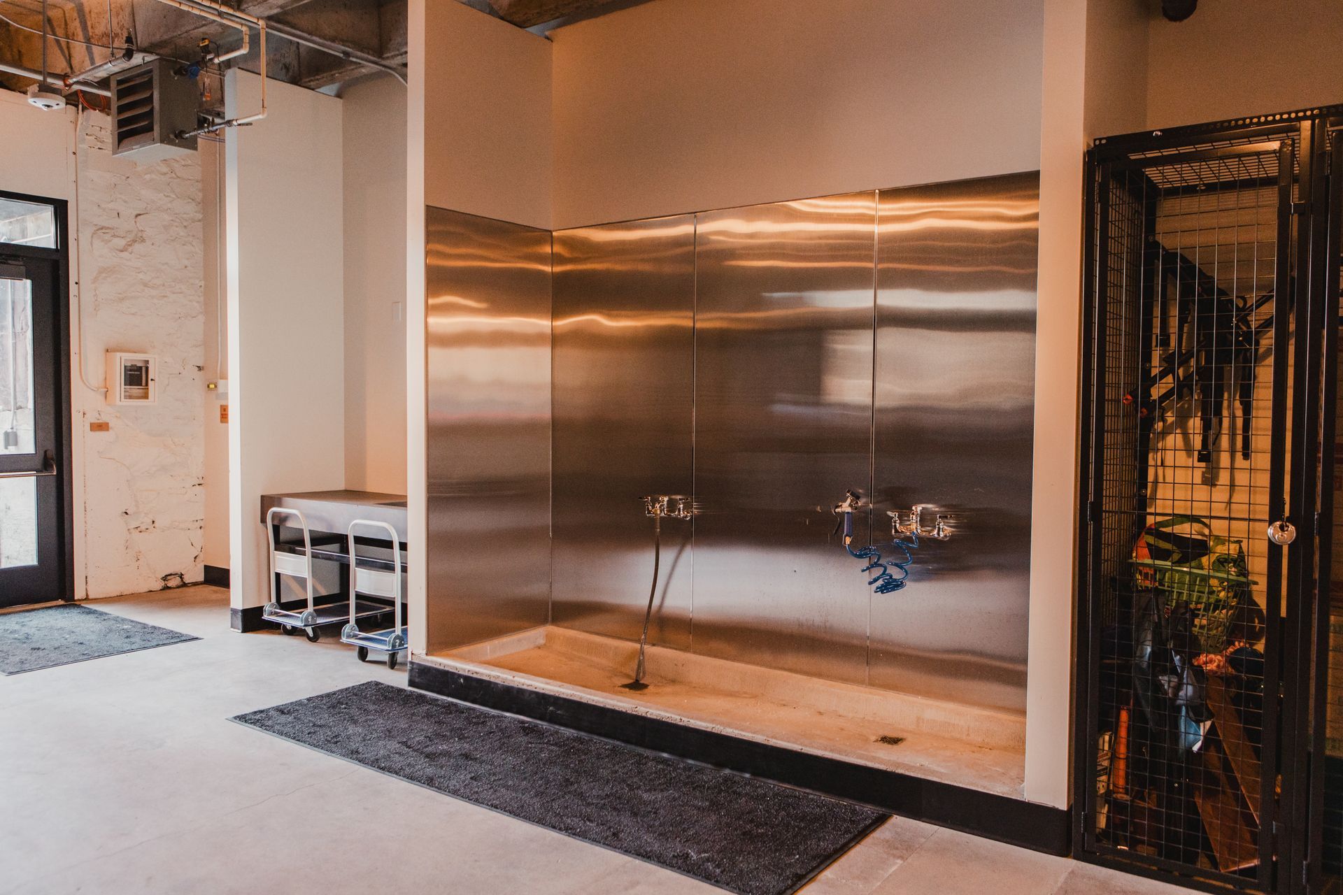 Dog wash station in an indoor space with stainless steel walls, a showerhead, and a rug.