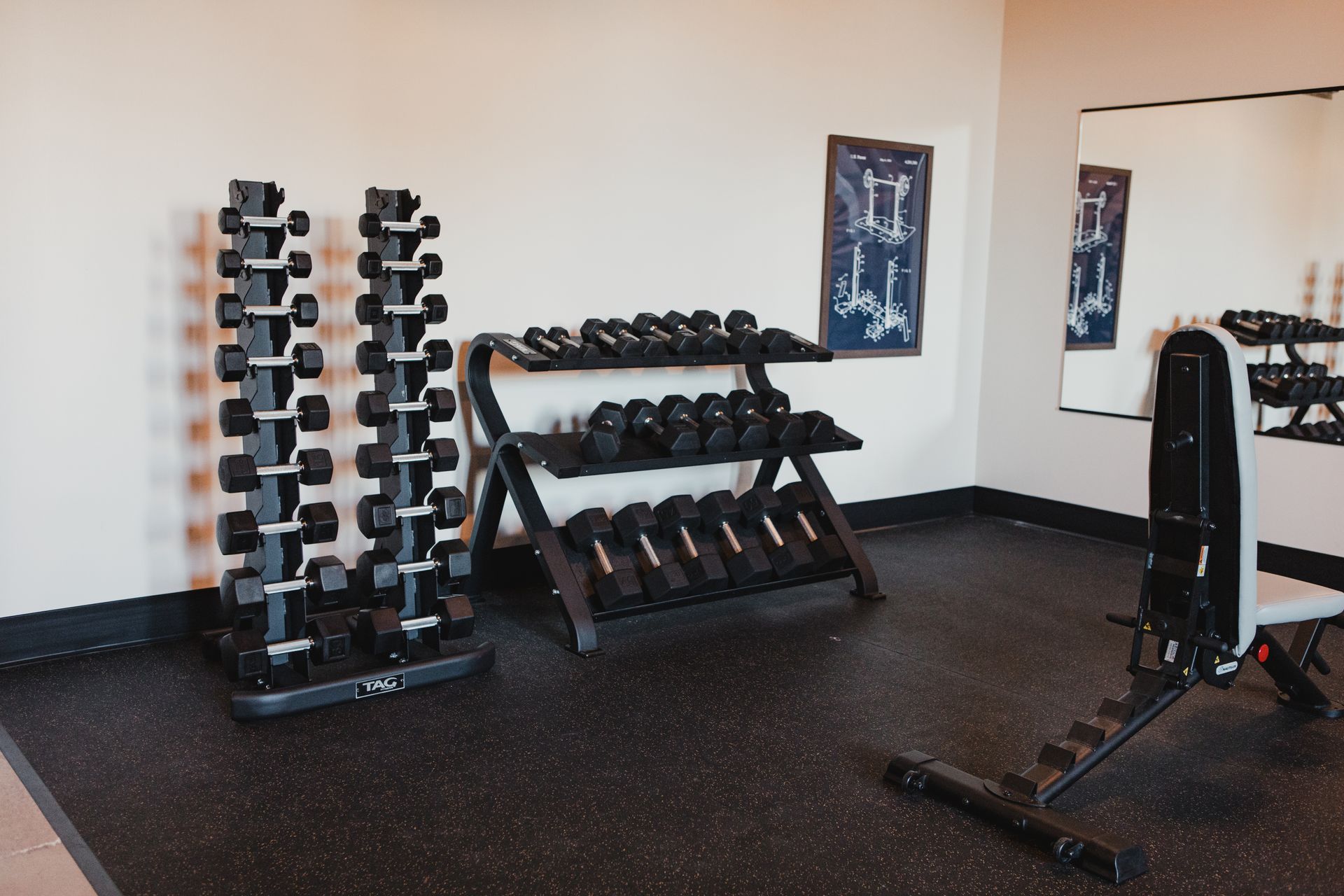 Home gym with dumbbell racks, a weight bench, and a mirror.
