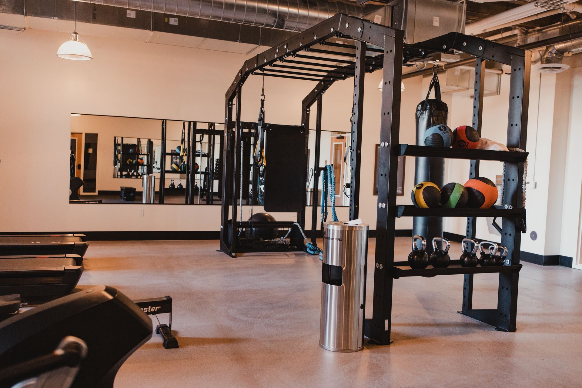 Gym interior with workout equipment: racks, weights, punching bag, and mirrored wall.