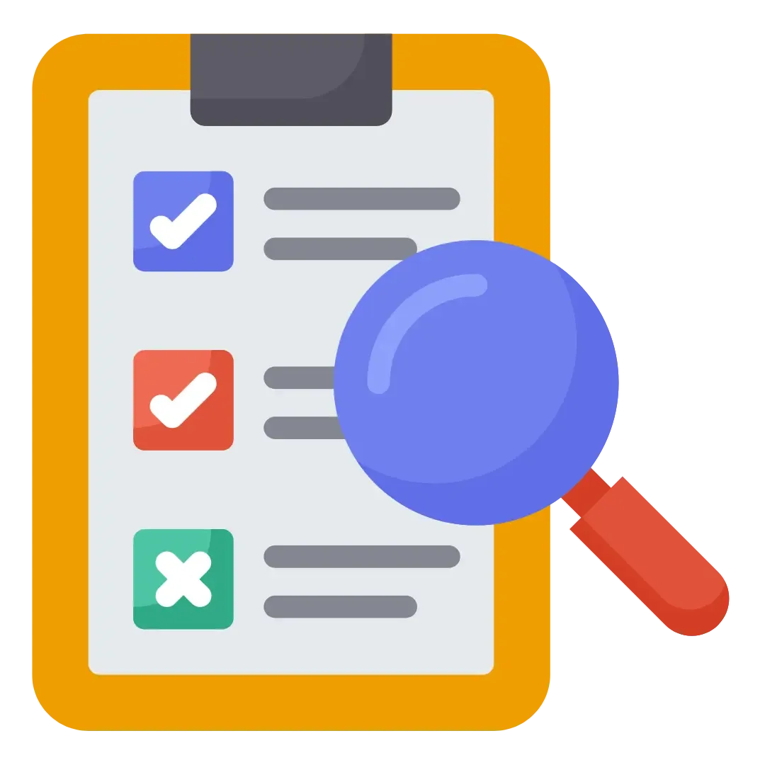 A clipboard with a magnifying glass on top of it.