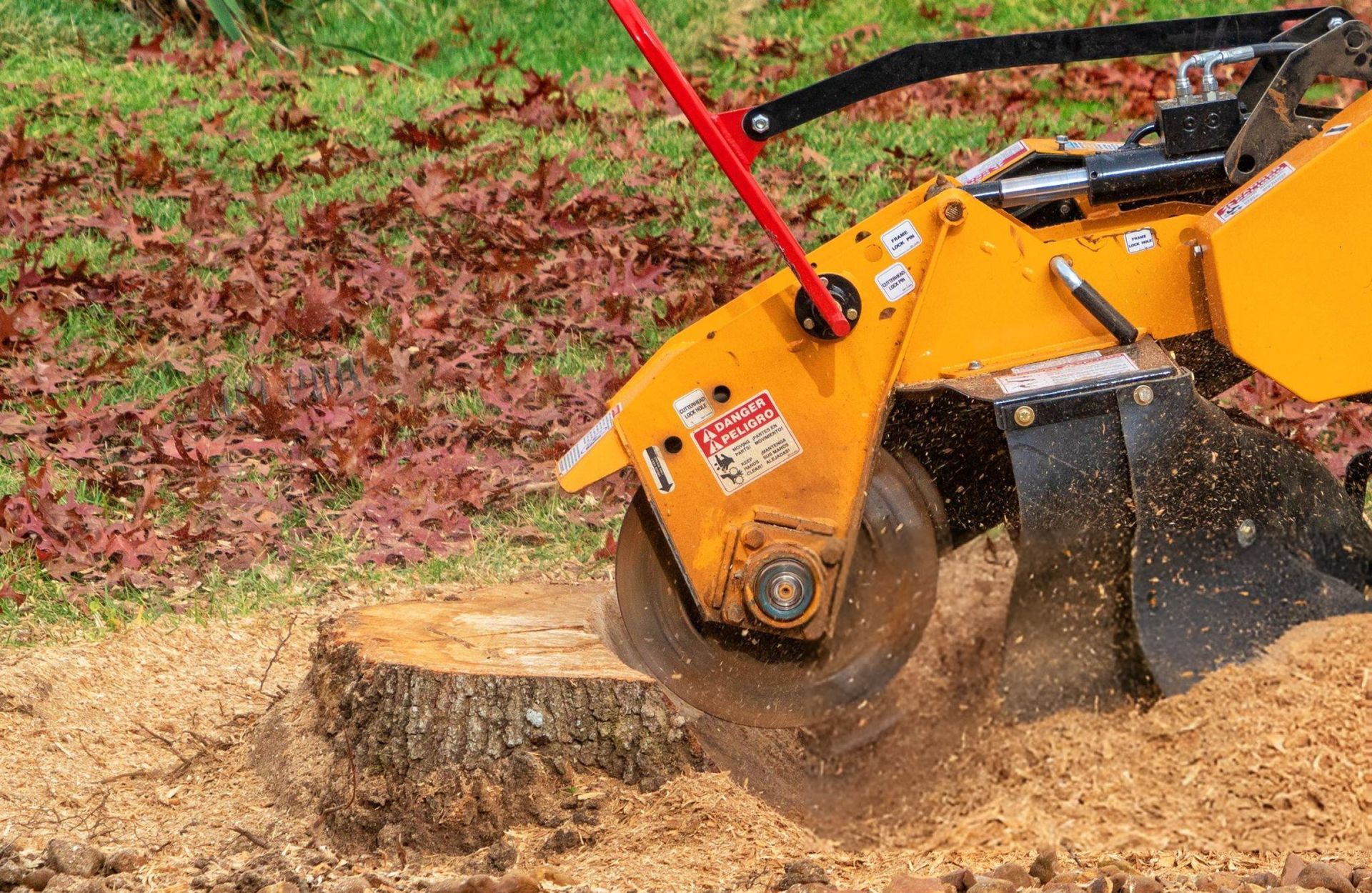 Image of a stump grinder machine cutting a tree stump. Image of a stump grinder machine cutting a tree stump.