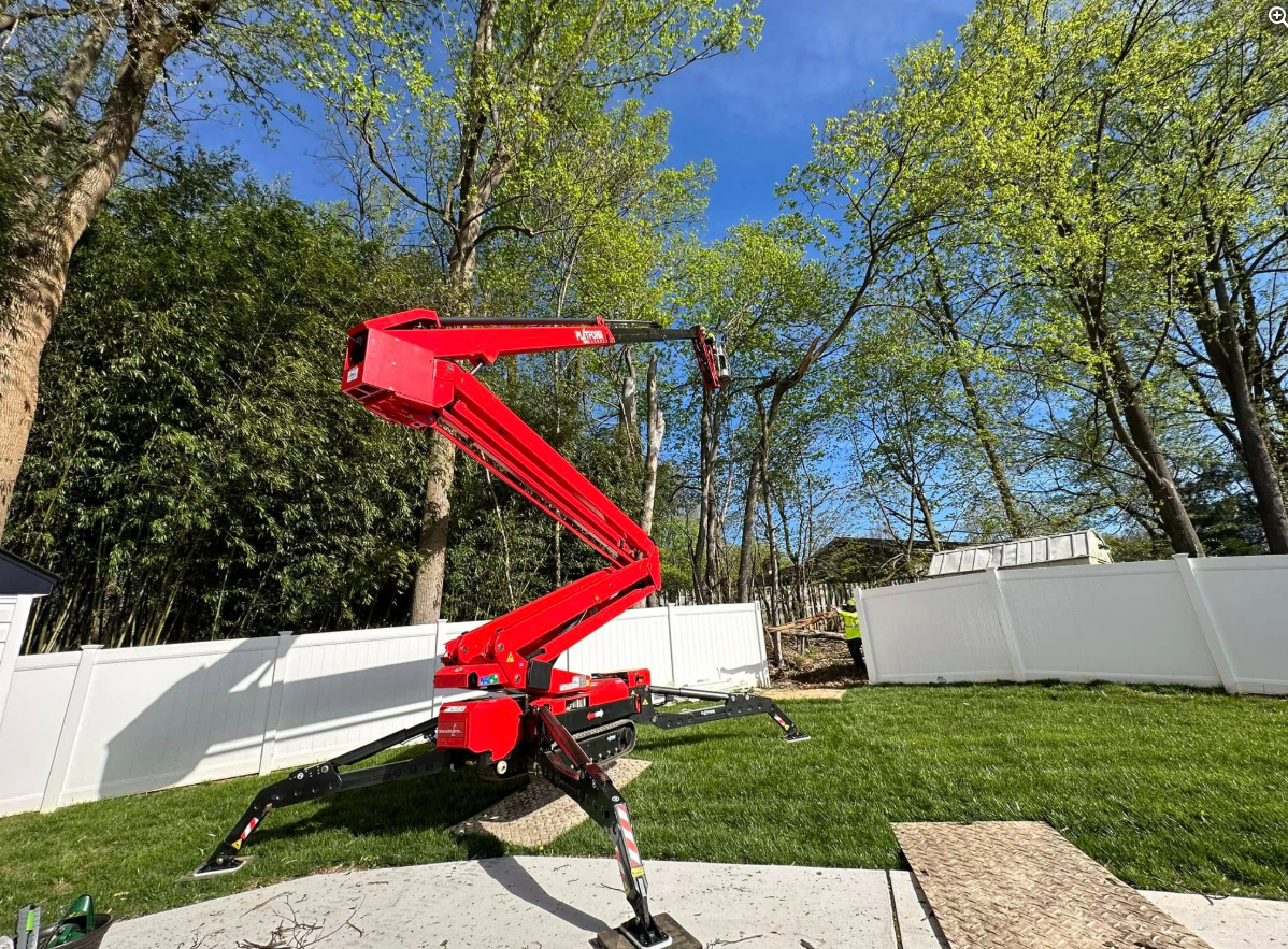 A red crane is sitting in the grass in a backyard.