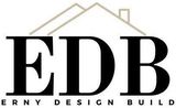 The logo for erny design build shows a house with a chimney on the roof.