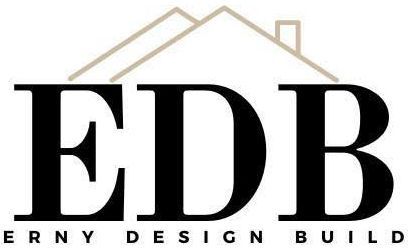 The logo for erny design build shows a house with a chimney on the roof.