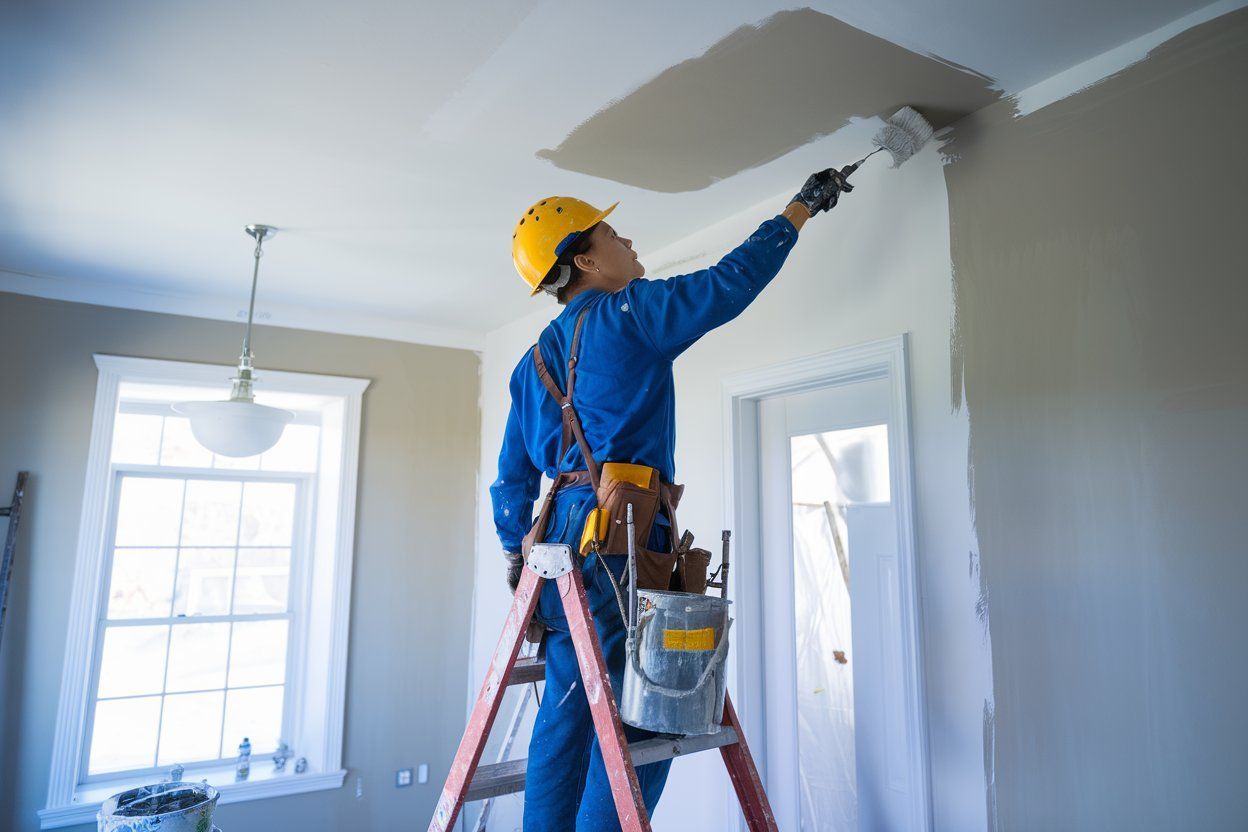 A man is standing on a ladder painting a wall.