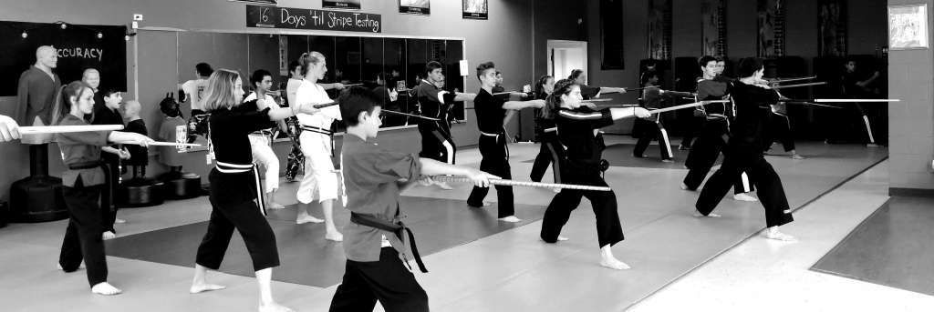 A group of children are practicing martial arts in a gym.