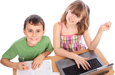 a boy and a girl are sitting at a desk with a laptop .