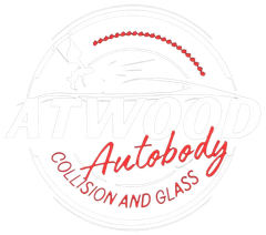 White Atwood Autobody logo with red text and a dotted arc.
