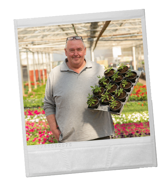 Ein Mann hält in einem Gewächshaus ein Tablett mit kleinen Pflanzen, umgeben von blühenden Pflanzen.