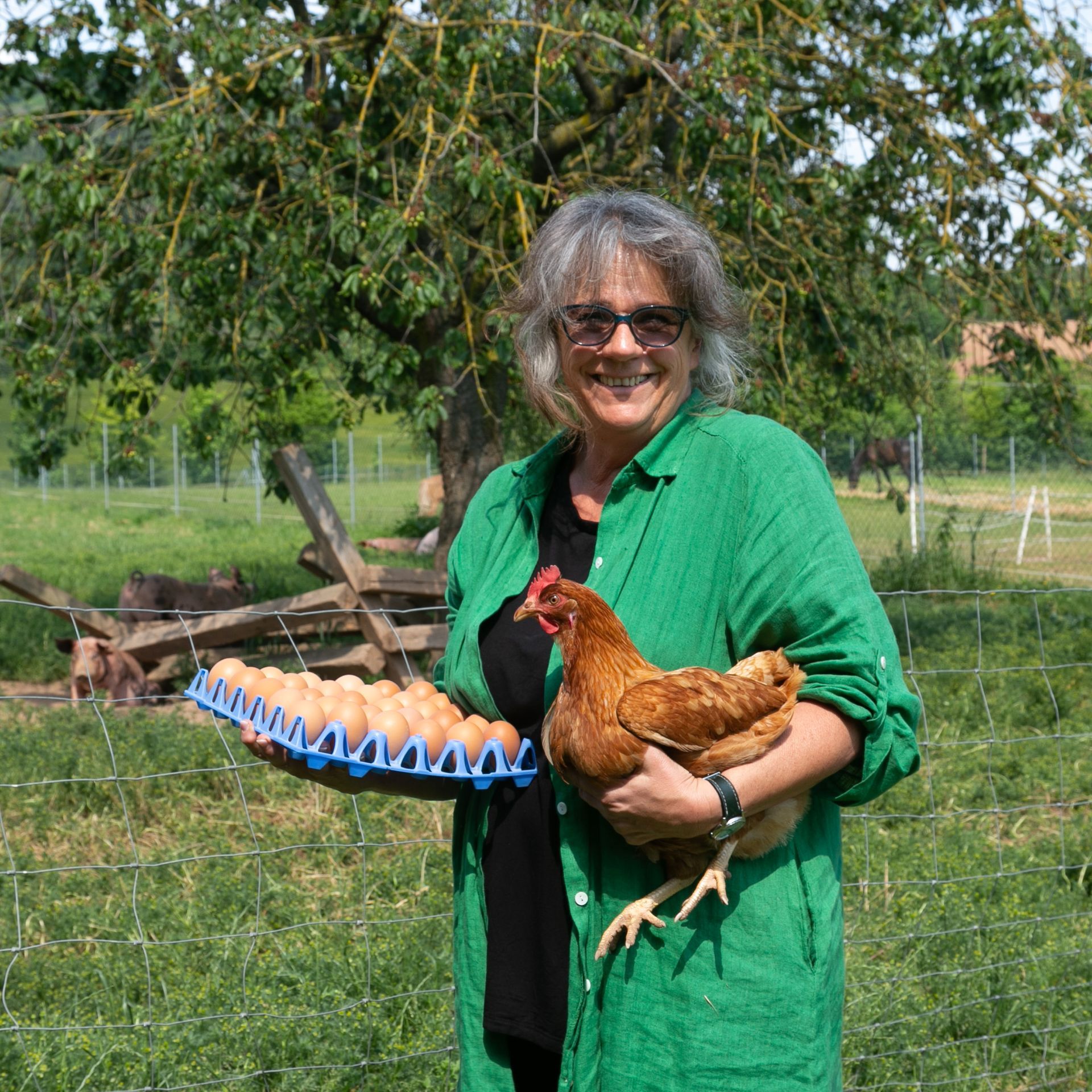 Frau hält ein Huhn und einen Eierkarton auf einem Feld und lächelt.