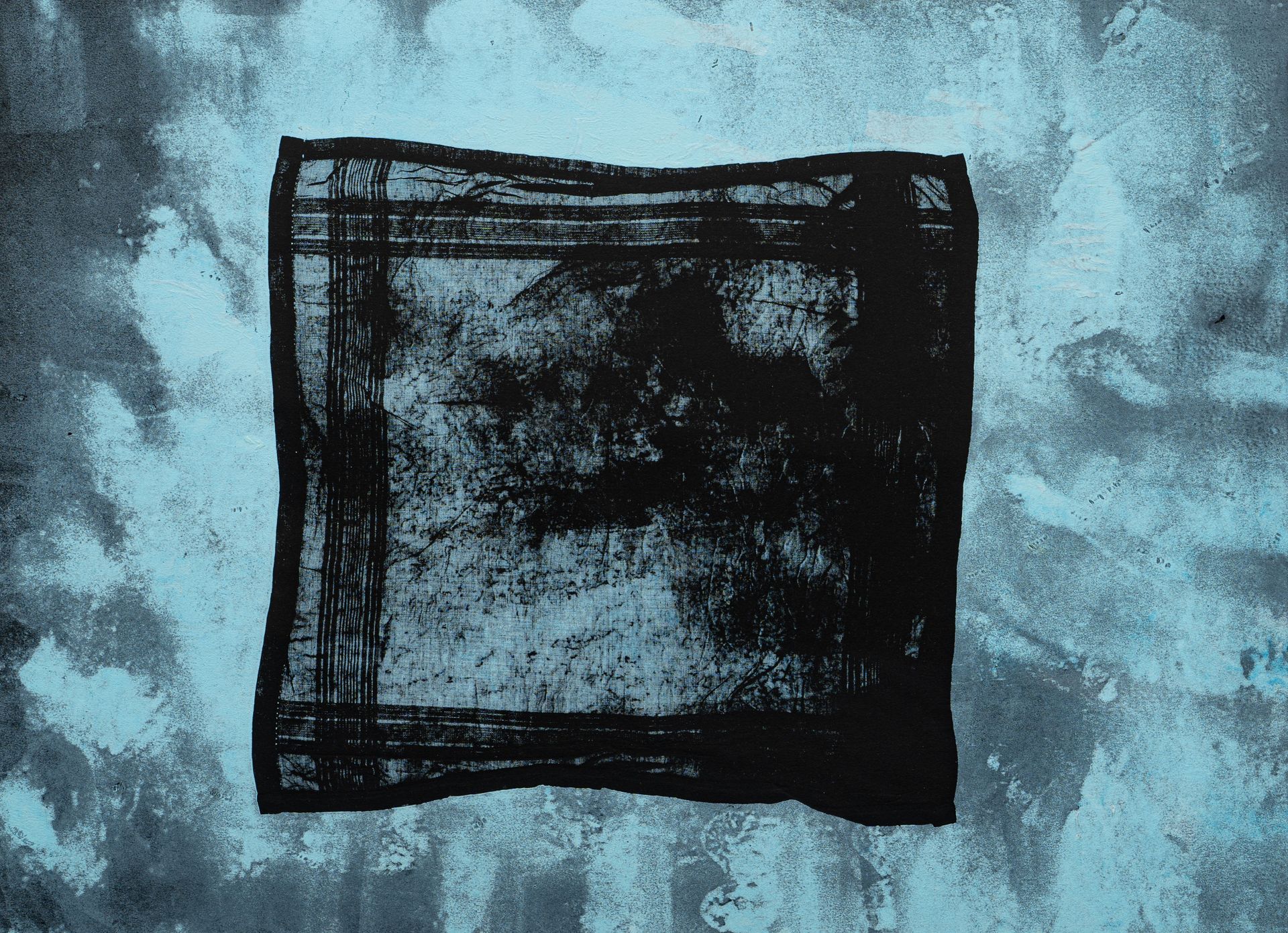 Black square with textured edges on a blue and gray mottled background.