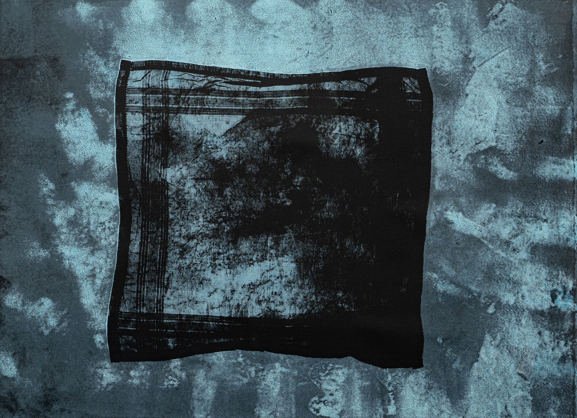 Black, textured square centered on a textured, light blue-gray wall.