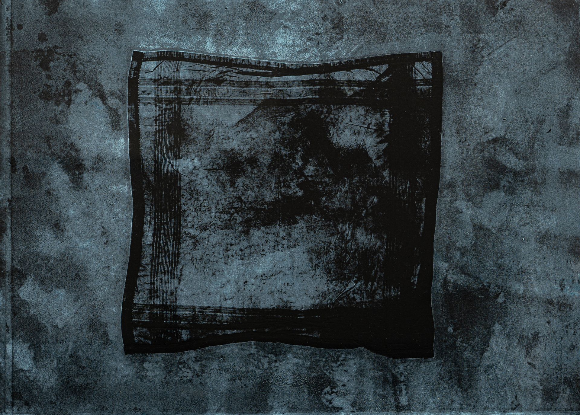 Black square on a textured gray-blue background. Rough, hand-drawn appearance.