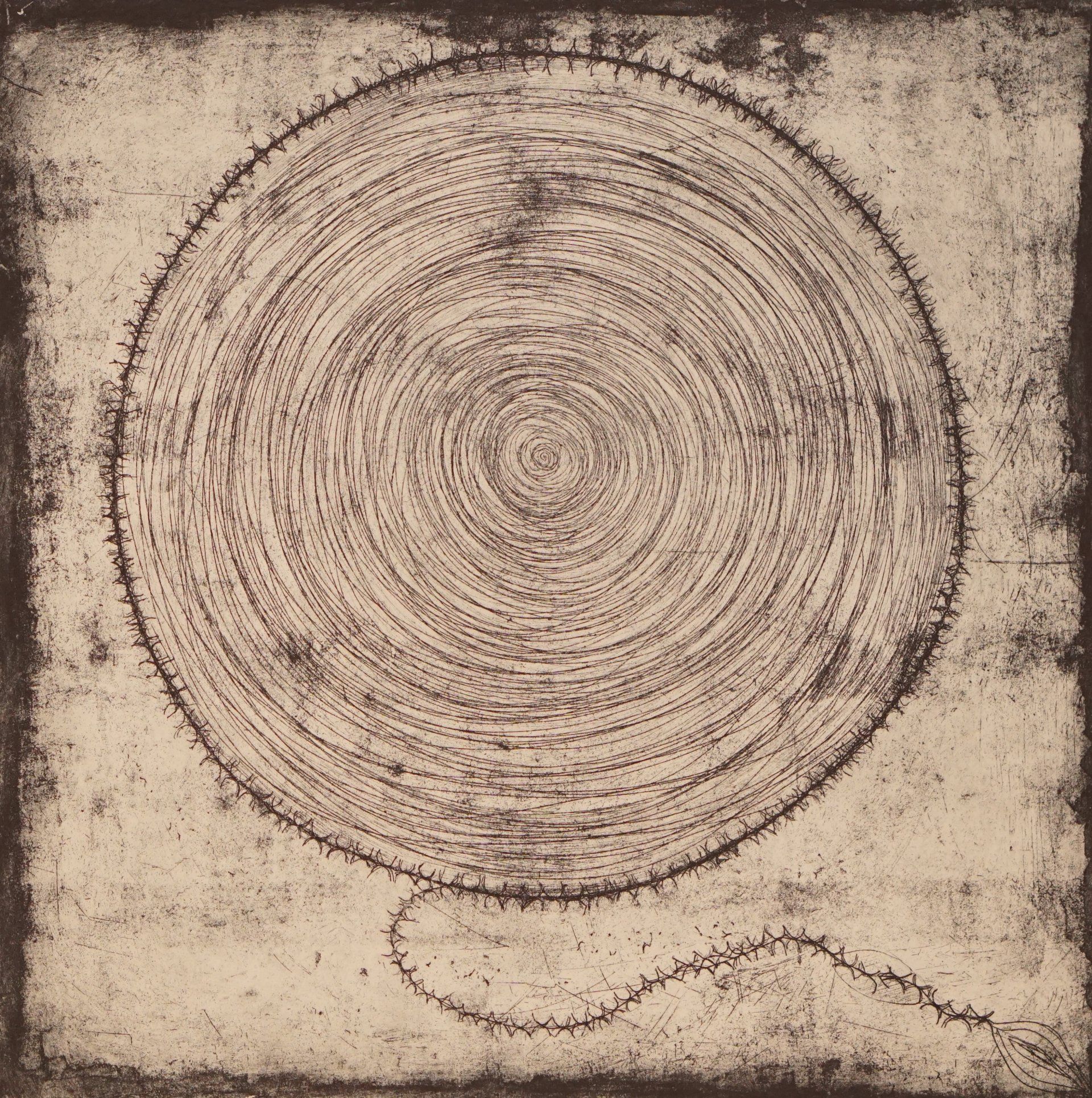 A concentric, circular drawing with a spiral center, a barbed wire perimeter, and a line of barbs extending below.