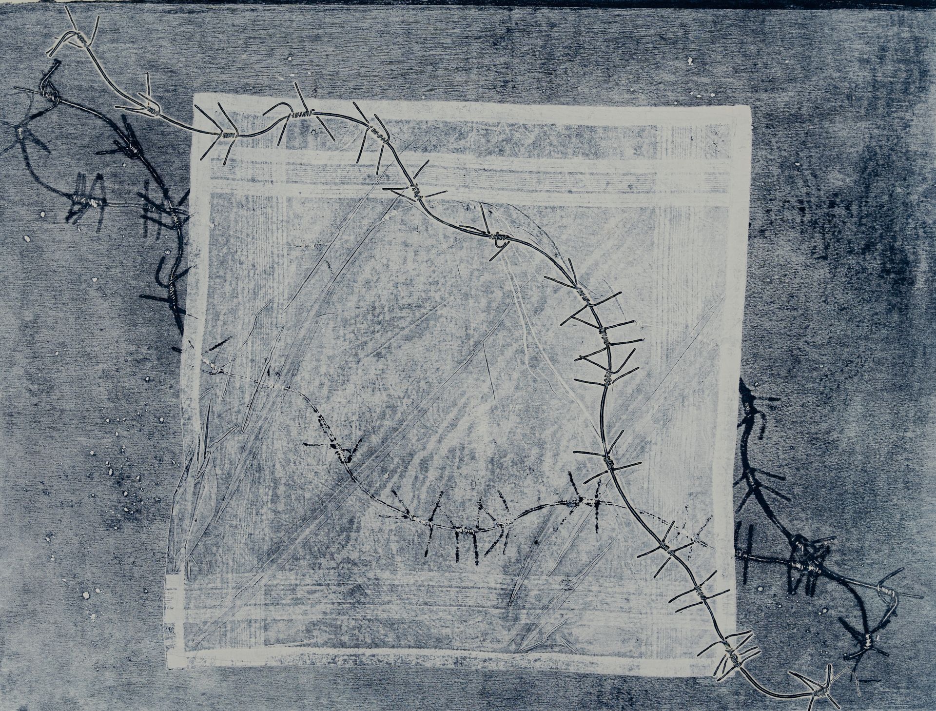 Abstract black and white artwork: a white square with textured lines overlaid by spiky, winding dark lines.