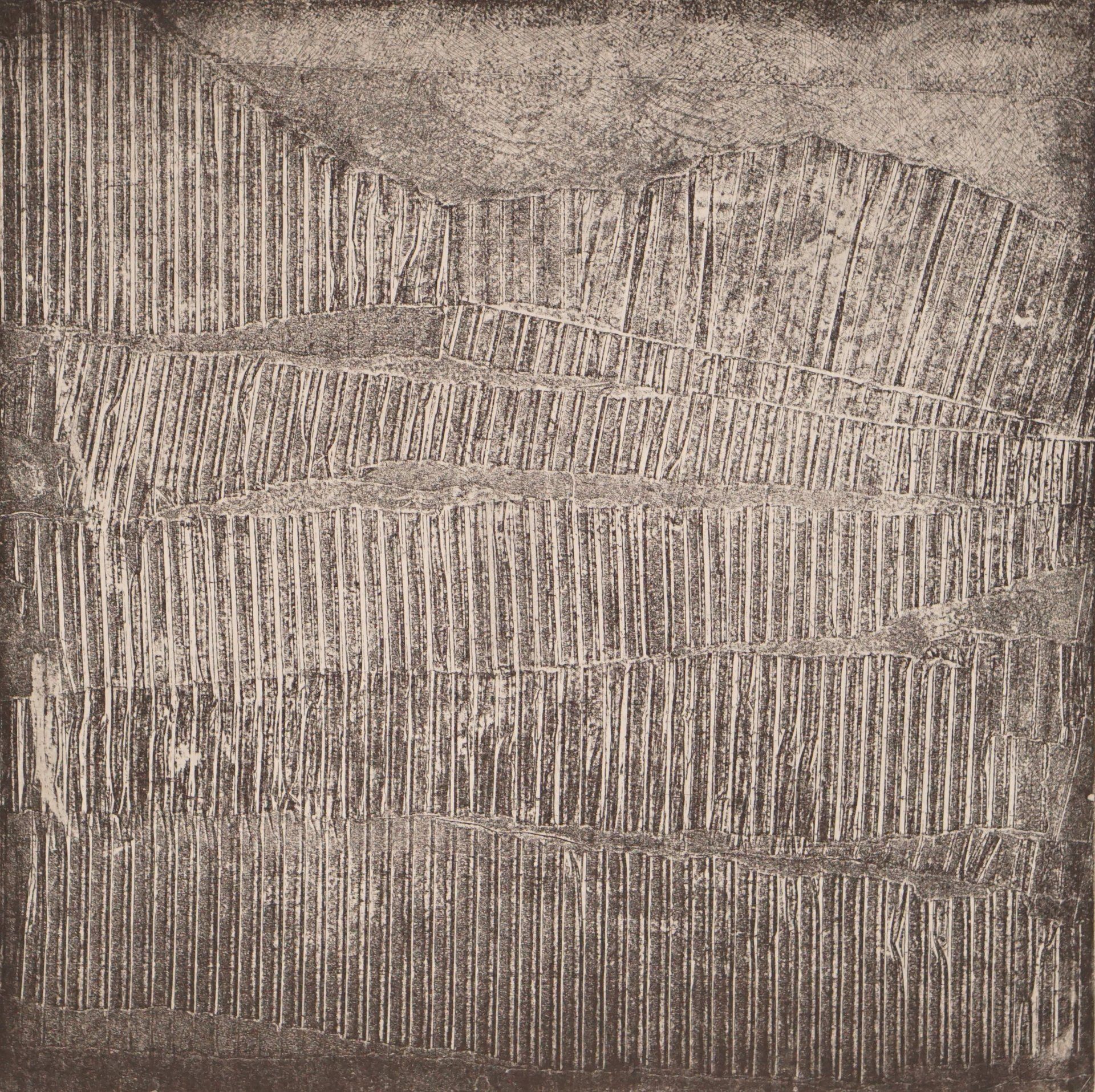 Abstract, textured artwork with vertical lines, in neutral tones.