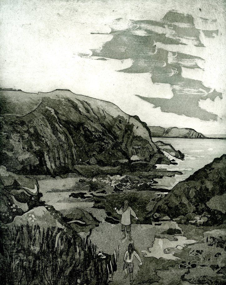 Coastal scene; figures walk towards sea. Rocky hills, water, and a cloudy sky.