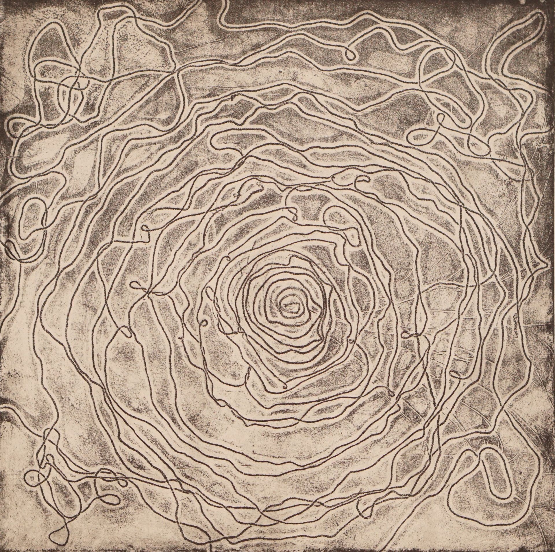Abstract drawing of concentric, irregular lines forming a central spiral.