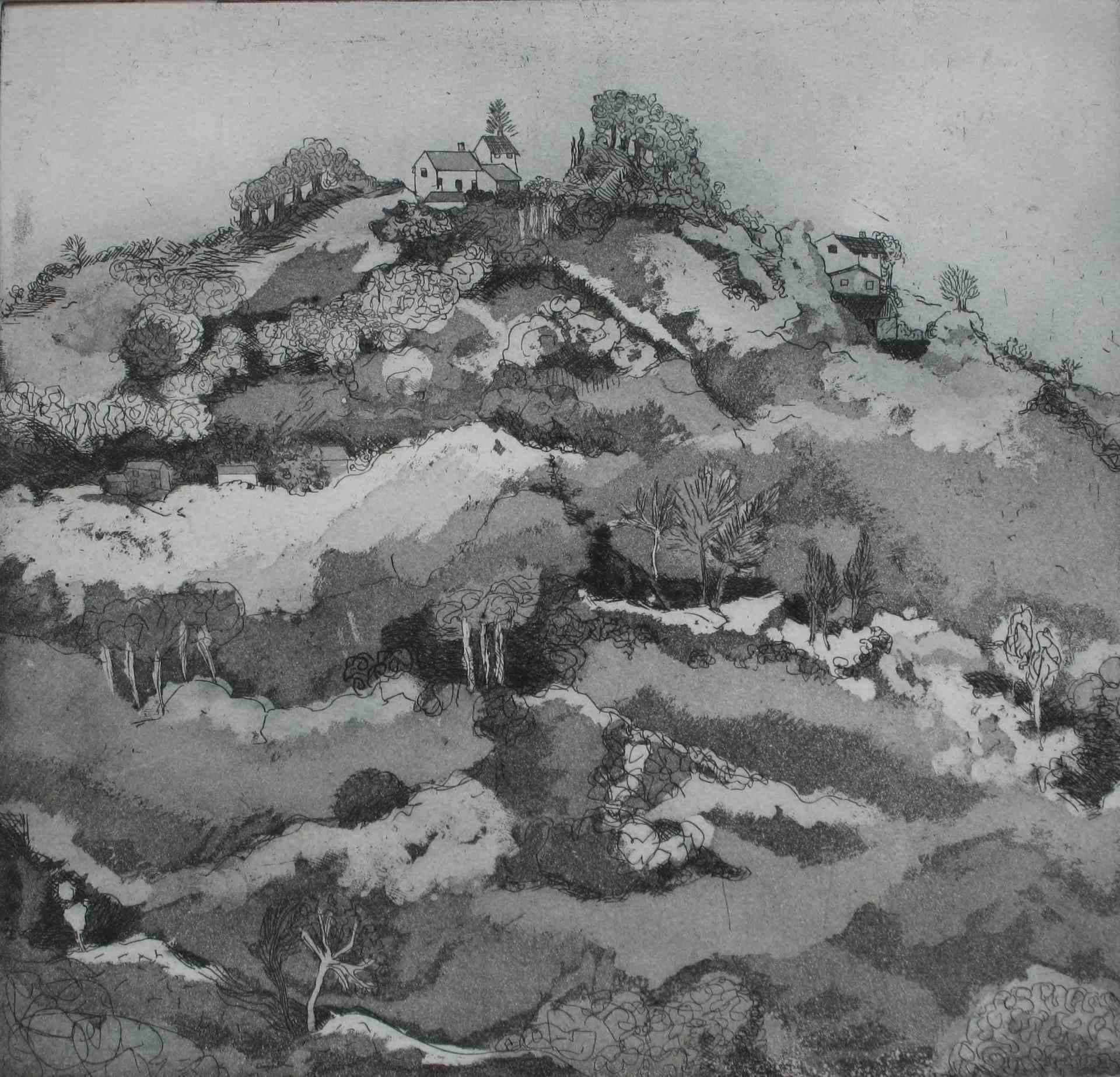 A detailed, black-and-white etching depicts a rolling hill dotted with trees, a house on the summit, and trails.