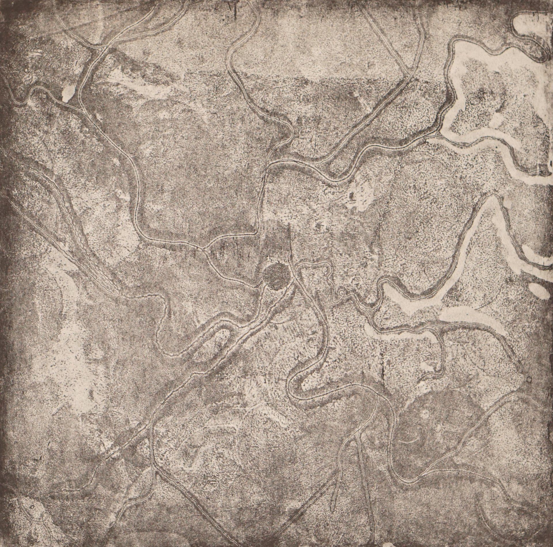 Abstract, sepia-toned map with winding rivers and central circular feature, textured background.