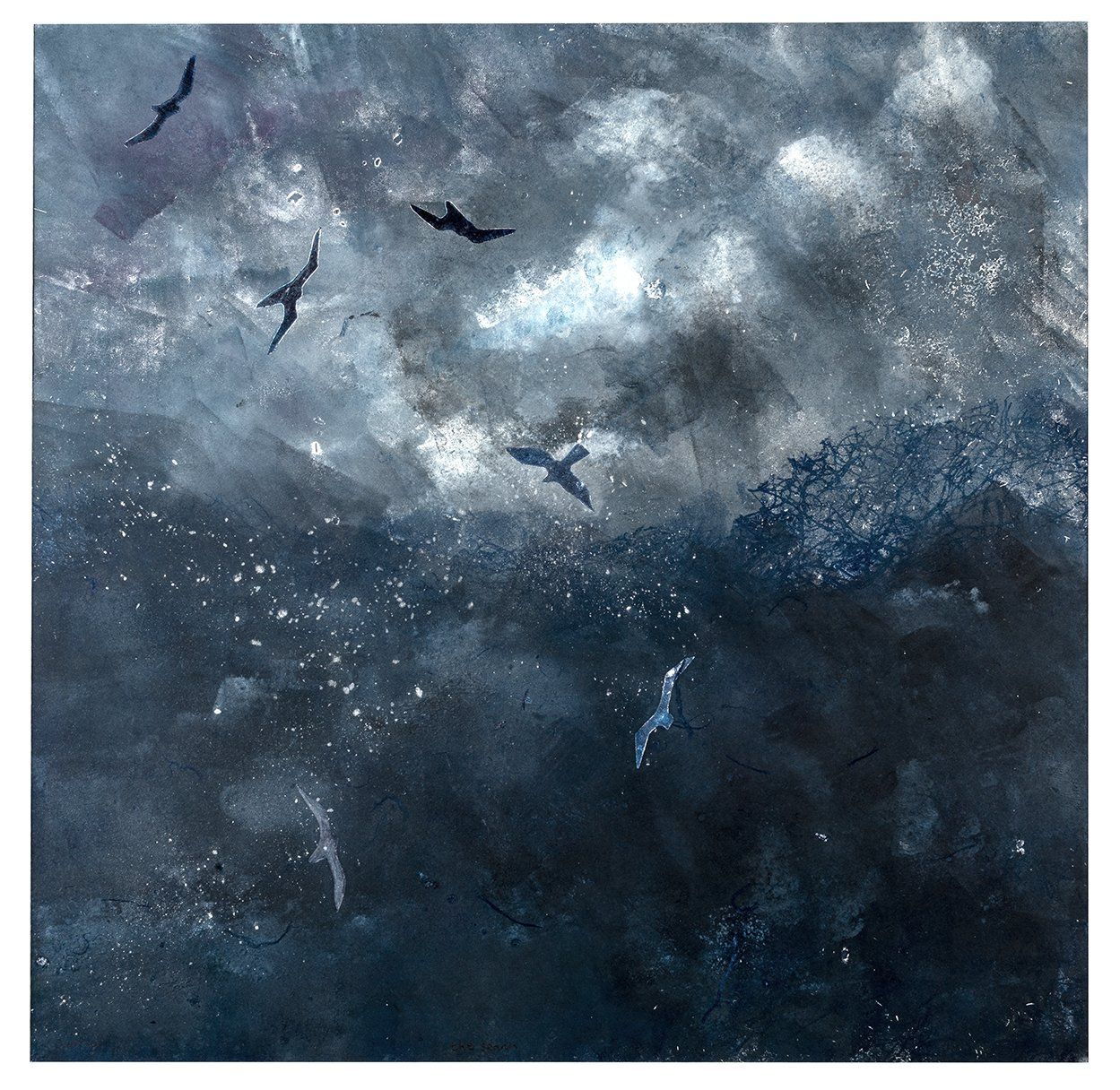 Dark, stormy sea with silhouetted birds flying; shades of blue, white, and gray create a dramatic scene.