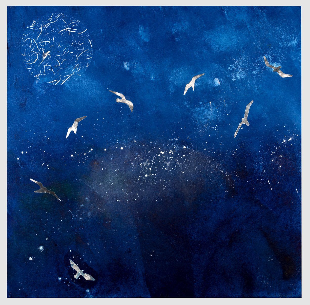 Dark blue sky with white seagulls flying past a moon-like circle.