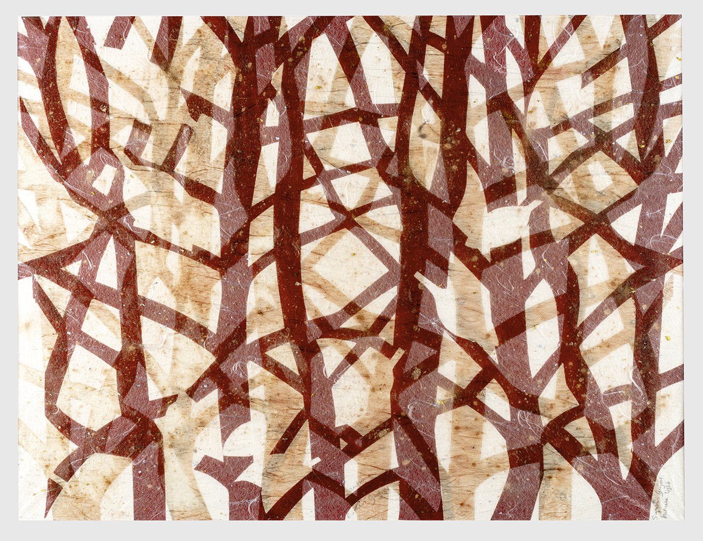 Brown tree branches against a light background, creating a layered, textured pattern.