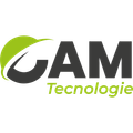 Logo CAM Tecnologie con testo nero e una voluta a forma di foglia verde.