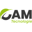 Logo CAM Tecnologie con testo nero e una voluta a forma di foglia verde.