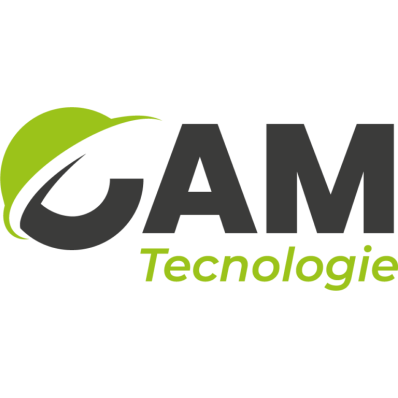 Logo CAM Tecnologie con testo nero e una voluta a forma di foglia verde.
